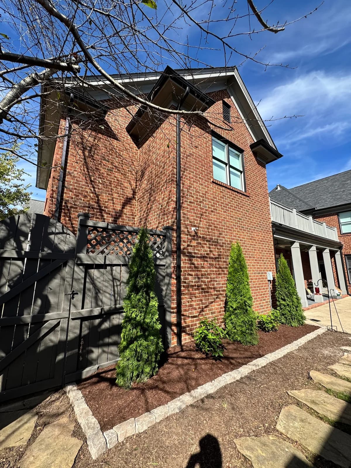 Side yard arborvitae screening alongside a flagstone path