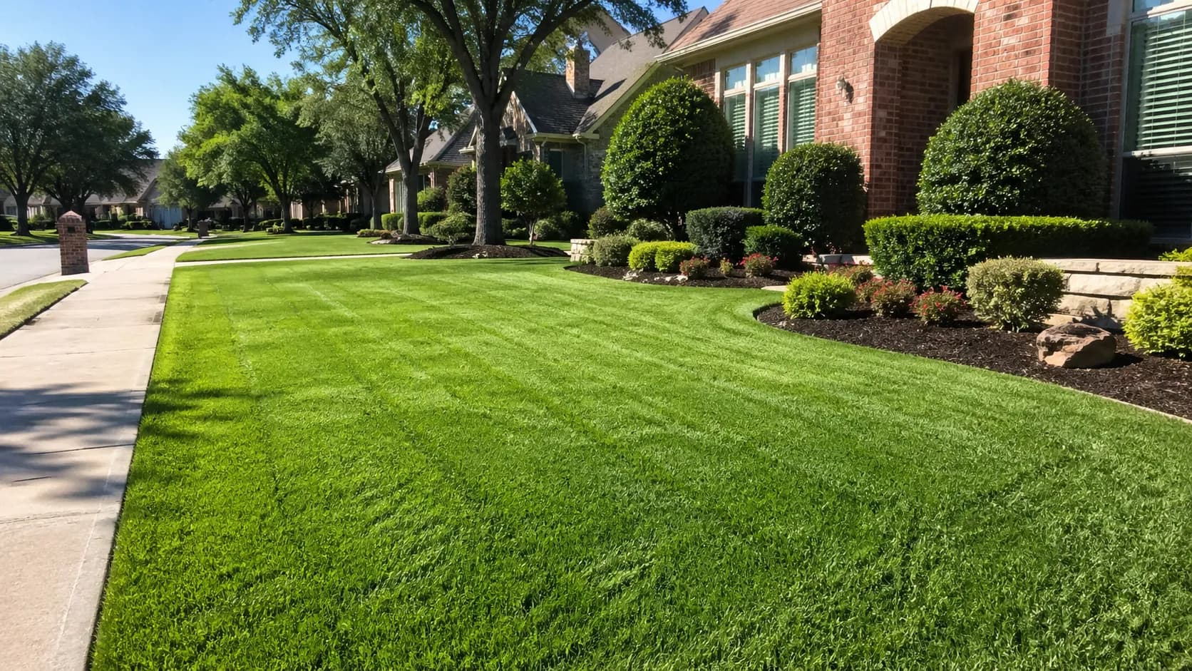 Freshly mown front lawn with clean mow stripes and a crisp sidewalk edge