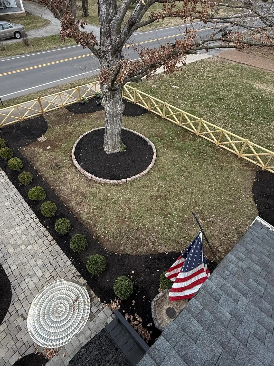 Front landscape with a mulched tree ring and paver walkway