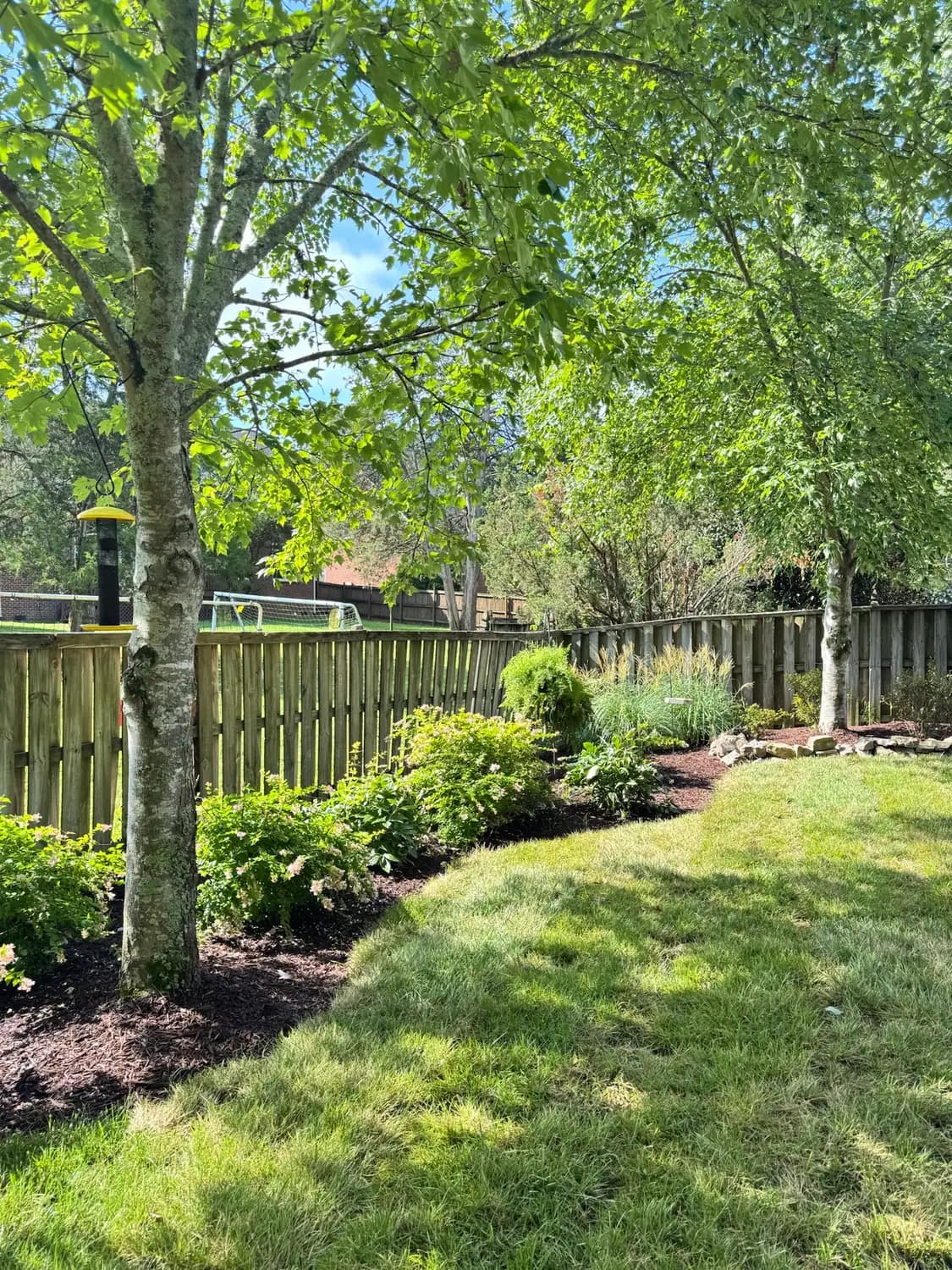 Backyard planting bed framing a established lawn