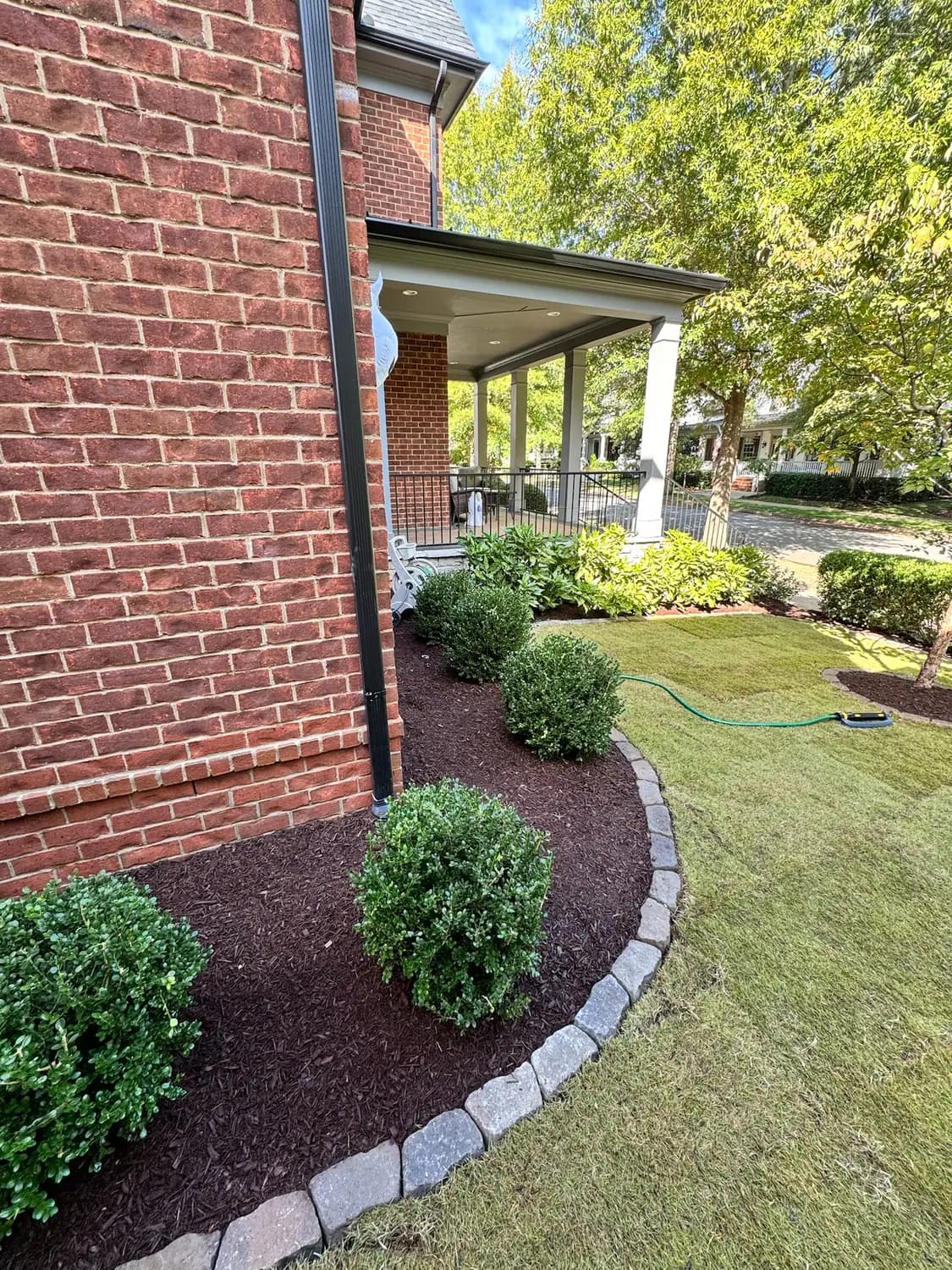 Cobble-edged foundation bed planted with boxwood
