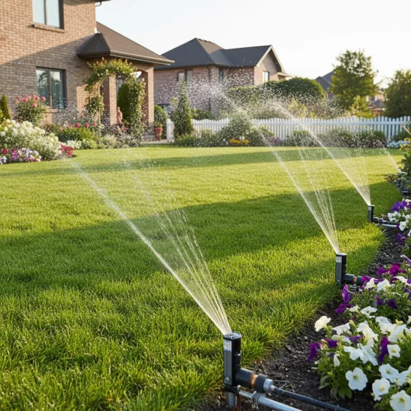 Spray heads watering a lawn beside a flower bed