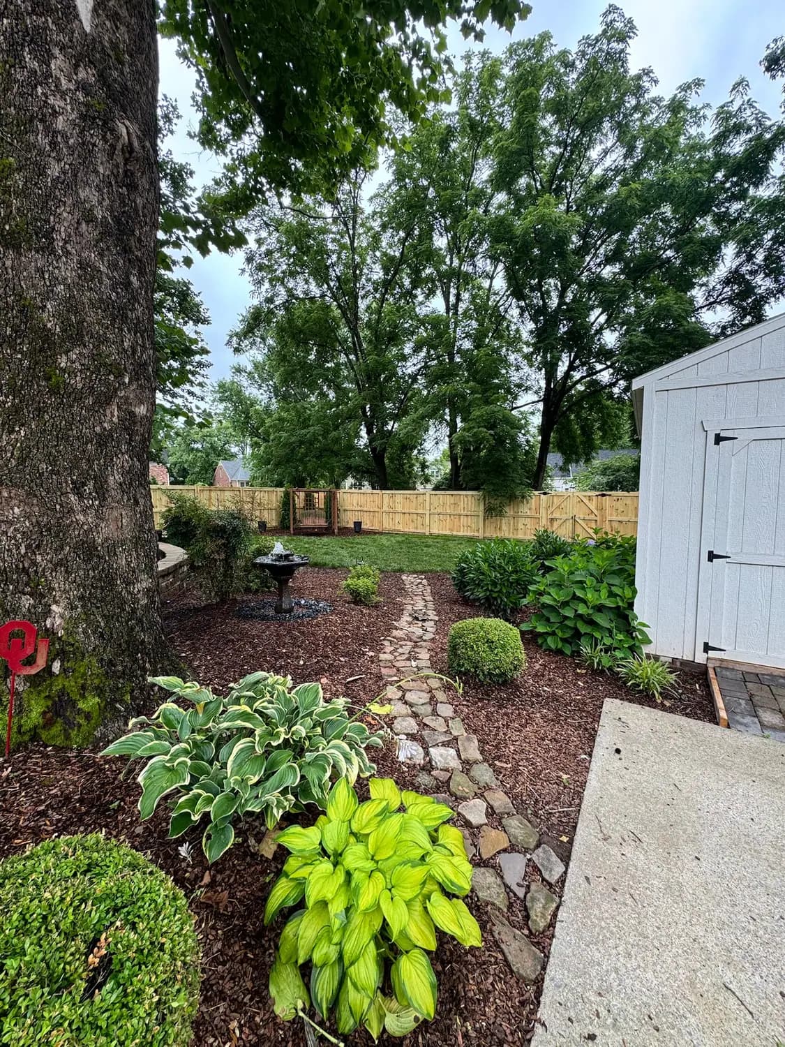 Shade garden of hostas along a stone path